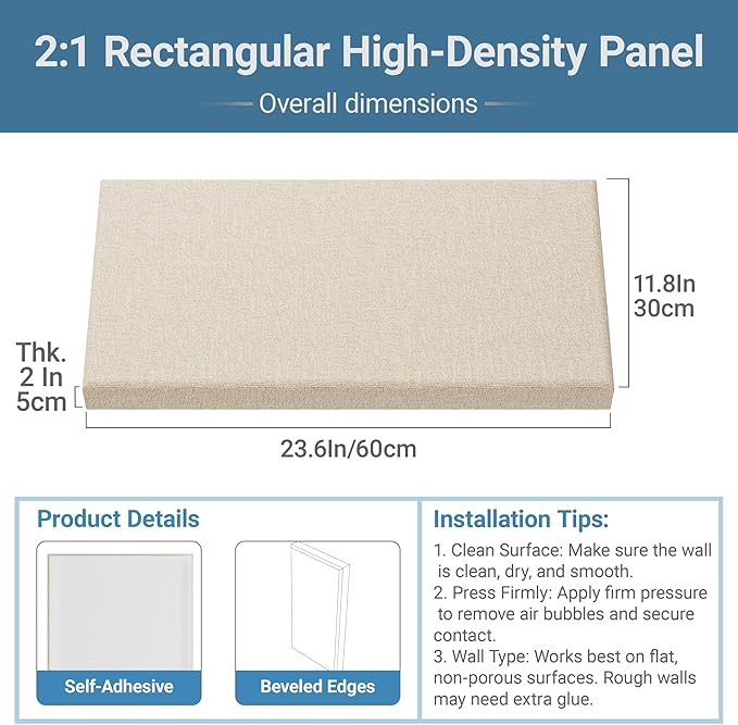 4 Pack High-Density Core with Fabric Cover Acoustic Panels – 24×12×2 In Self-Adhesive Soundproofing and Sound-Absorbing Wall Panels for Echo Reduction in Studio, Theater, or Recording (Cocoa Beige)