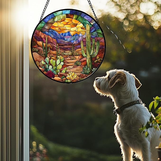 CRISGIF Stained Glass Window Hanging Cactus Mountains Landscape Large 11.8" - Suncatcher Door Garden Sunroom Sun Catcher Home Decor Birthday Christmas for Mom Men Woman Nana