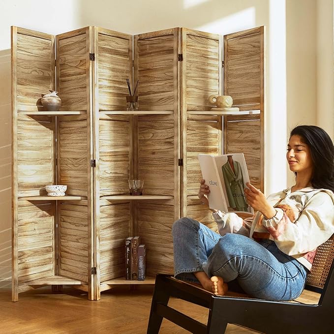 Partition Room Dividers, Folding Wood Privacy Screen with Three Display Shelves Suitable for Home Office, Study, Art Display - 6 Panel, 67 * 77inch (Wood)
