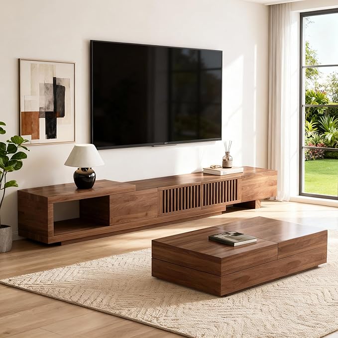 gaoyangjiaju 78.5"-105" Mid-Century Modern Extendable TV Stand, Walnut Media Console with 2 Drawers and 2 Cabinets, Fits TVs up to 100 Inches for Living Room or Bedroom
