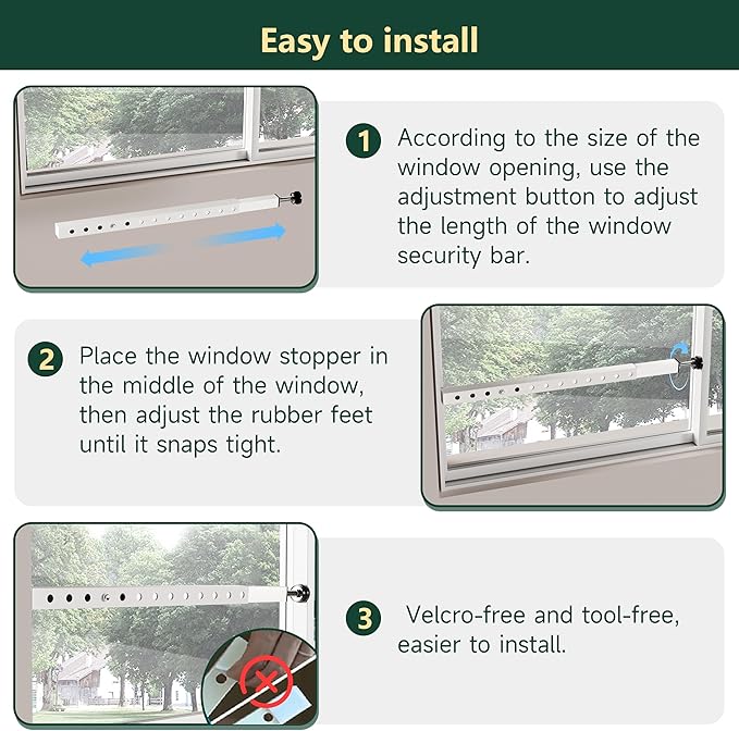 WooFog Window Security Bars Adjustable, Window Bars Security Inside Vertical, Heavy Window Ac Lock Bar with Rubber Feet for Up and Down Windows, 17-32 inch Double Hung Window Stopper -4 PCS Patented