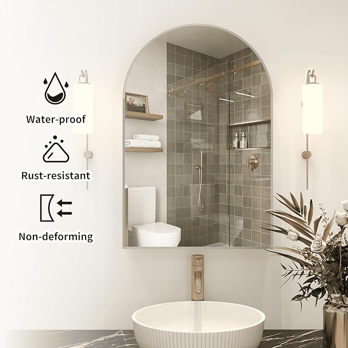 24x36 Inch Arch Bathroom Mirror Medicine,Cabinet,Brushed Silver Wall Mounted Bathroom Mirror with Storage,Adjustable Glass Shelves,Surface Mount Only,Mirrored Medicine Cabinets for Bathroom
