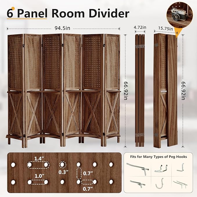 Aleesing 6 Panel Pegboard Display with Shelf, Wooden Pegboard Room Divider Wall with 24 Hooks, Partition Room Dividers and Folding Privacy Screens, Bedroom, Jewelry Store, Brown