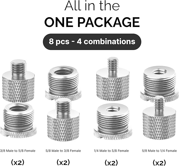 IXTECH Mic Stand Adapter Set 8 pieces Metal Microphone Stand Screw Thread Adapter 5/8 Female to 3/8 Male 3/8 Female to 5/8 Male 5/8 Female to 1/4 Male 1/4 Female to 5/8 Male Tripod Adapter ADP01A Slvr