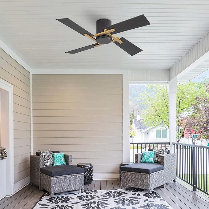 WINGBO 48 Inch Flush Mount Ceiling Fan without Light - 4 Plywood Blades, 6-Speed Reversible DC Motor, Noiseless Low Profile Ceiling Fan No Light for Bedroom Living Room, Gold and Black/Walnut