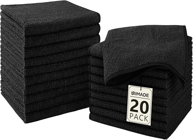 UNIMADE Washcloths - 20 Pack - Face Towels (12" x 12"), Highly Soft Wash Cloths and Hand Towels, Fast Drying Multi-Purpose Microfiber Cleansing Cloths for Bathroom, Hotel, Spa, and Salon - Black