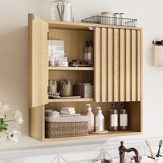 Smuxee Fluted Bathroom Cabinet Wall Mounted, Wooden Medicine Cabinet with Adjustable Shelf, Bathroom Cabinet for Bath Room, Living Room, Laundry Room