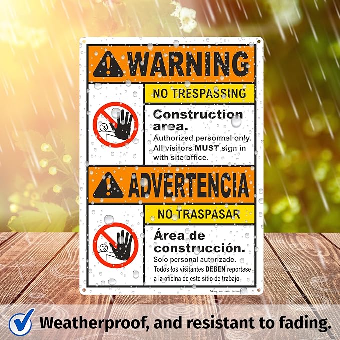 Brimar - 10" x 14" - Bilingual Warning Construction Area No Trespassing Sign - .055″ Polyethylene Plastic - Bold Text - Easy Installation