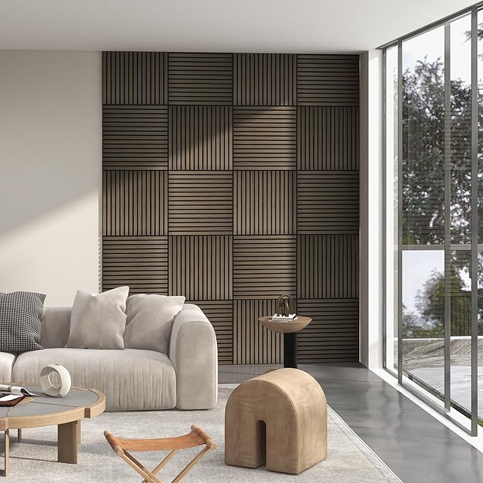 HOMCOM 4 Pack 3D Faux Wood Wall Panels, 24" x 24" Sound Absorbing Acoustic Panels, Wood Slat Wall Panels for Interior Wall Decor, Ceiling, Walnut
