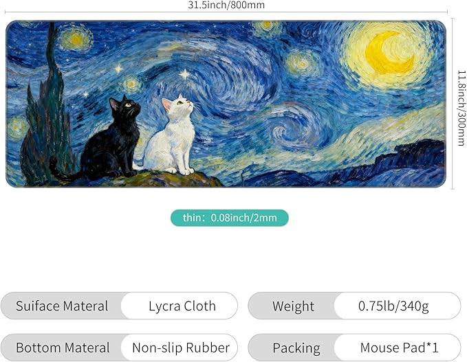 Dynippy Thin Extended Gaming Mouse Pad （31.5 * 11.8 * 0.08 inch） with Stitched Edges Large Mousepad Long XXL Keyboard and Mouse pad Desk Mat for Gaming Office & Home - Starry Night Cat