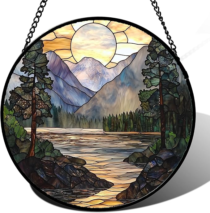 AMDERVEN Stained Glass Window Hanging, Sunset Mountains Lake Tree Sun Catcher for Window Home Decor Landscape Suncatcher Mother's Day Birthday Gifts for Women Men Mom and Nana 6.3 in