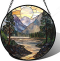 AMDERVEN Stained Glass Window Hanging, Sunset Mountains Lake Tree Sun Catcher for Window Home Decor Landscape Suncatcher Mother's Day Birthday Gifts for Women Men Mom and Nana 7.8 in