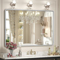 48x32 Inch Silver Bathroom Mirror for Wall, Silver Metal Framed Mirror, Rounded Rectangle Mirror, Beveled Border, Anti-Rust, Shatterproof (Horizontal/Vertical)