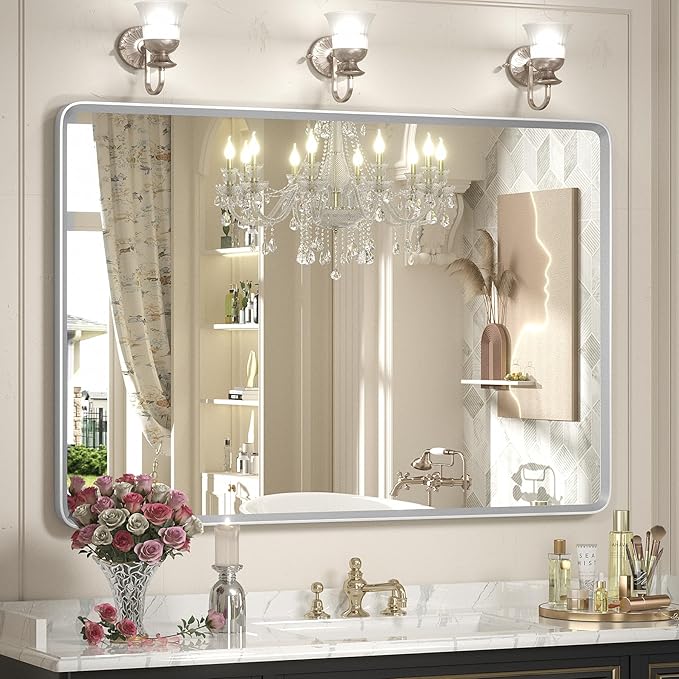 48x32 Inch Silver Bathroom Mirror for Wall, Silver Metal Framed Mirror, Rounded Rectangle Mirror, Beveled Border, Anti-Rust, Shatterproof (Horizontal/Vertical)