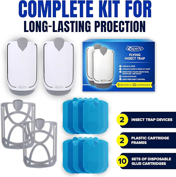 Zaperly 2 Fruit Fly Traps & 10 Adhesive Cartridges, Indoor Plug-in Bug Catcher, UV Light Fly Trap Captures Fruit Flies, Gnats, Houseflies, Moths, and Flying Insects for Kitchen, Bathroom, Plant Areas