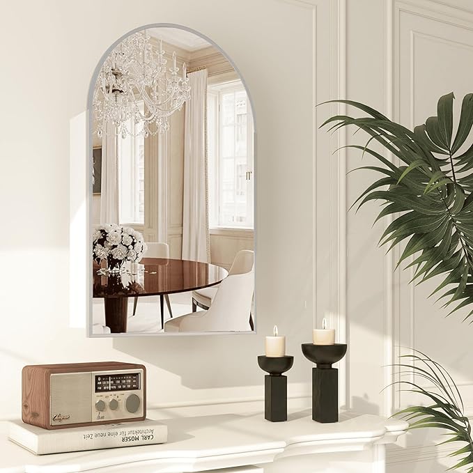 Bathroom Medicine Cabinet with Mirror Silver,Arched Wall Mounted Bathroom Cabinet with Mirror,Vanity Mirror with Storage,Mirrored Cabinet with Adjustable Shelves,Not Recessed,20x32 Inch