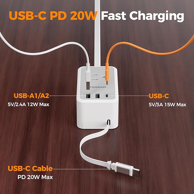 TESSAN Small Flat Plug Power Strip with 1 PD20W Retractable USB C Cable, 5 ft Ultra Thin Extension Cord with 3 AC Outlets 3 USB Ports, 5 ft Slim Plug for Cruise Ship Travel, Dorm, Home Office