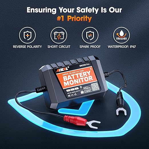 ANCEL BM Series 24V 12V 6V Battery Monitor - BM300 Pro Bluetooth 5.3 Battery Monitor with Charging, Cranking System Test & Alarm - IP67 Waterproof Voltmeter for Trucks, Cars, Motorcycles, Boats