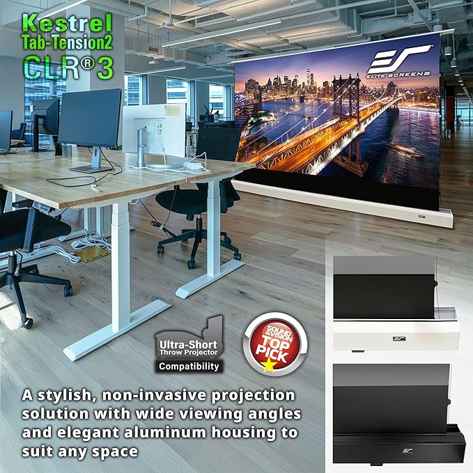 Elite Screens Kestrel Tab-Tension 2 CLR3, 101" 16:9, Ultra-Short Throw Ceiling Ambient Light Rejecting (CLR/ALR) Electric Floor-Rising Motorized Front Projector Screen,White Casing, FTE101XH3-CLR3