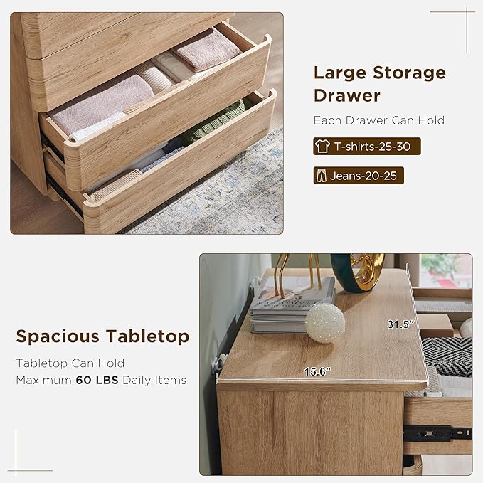 JXQTLINGMU 5 Drawer Dresser for Bedroom, 42" Tall Modern Wood Dressers, Push-to-Open Chest of Drawers for Closet Organizers & Storage, Curved Profile Design,Natural Oak
