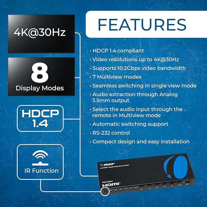 OREI Quad Multi HDMI Viewer 4 in 1 Out HDMI Switcher 4 Ports Seamless Switcher and IR Remote Support 4K @ 30Hz 1080P for PS4/PC/DVD/Security Camera, VGA Output - HDS-401MV