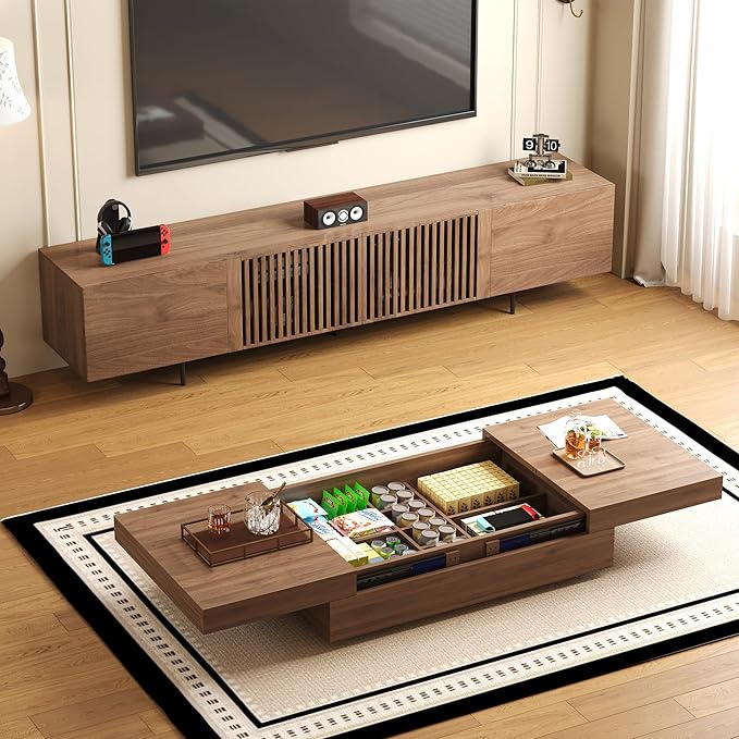 NessCarsti Mid-Century Modern TV Stand & Expandable Coffee Table Set, Walnut Finish, Stylish Storage Combo for Living Room or Bedroom (94.48“TV Stand+Coffee Table)