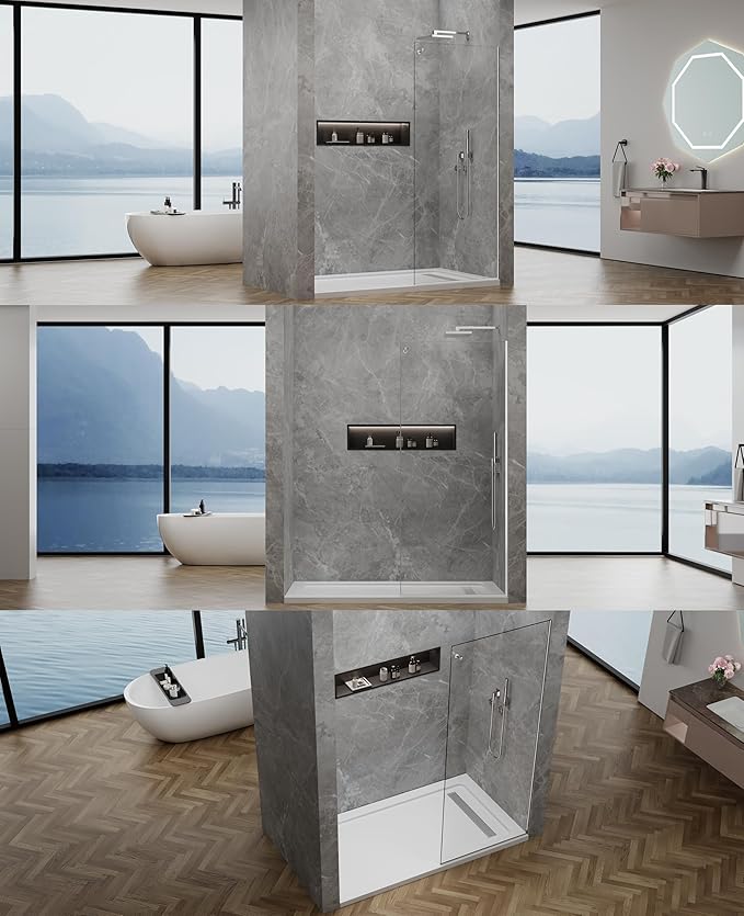Shower Screen,32" W * 76" H Single Shower Glass Panel, 3/8"(10mm) Tempered Glass, Shower Wall Panels, Fix Shower Glass Screen for Bathroom - Bright Chrome
