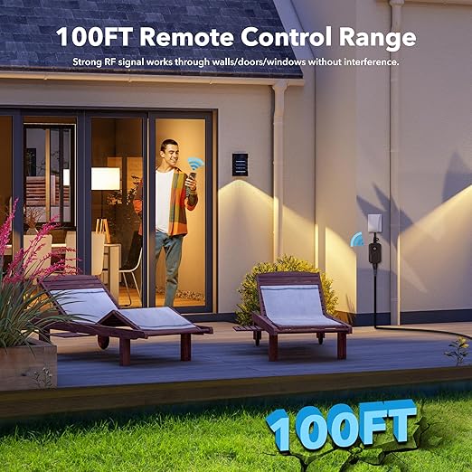 BN-LINK Outdoor Remote Control Outlet Plug Black,Indoor Wireless Outlet Switch Weatherproof Heavy Duty 15A 3-Prong 6-inch Cord 100Ft Range,3Pack(Battery Included)