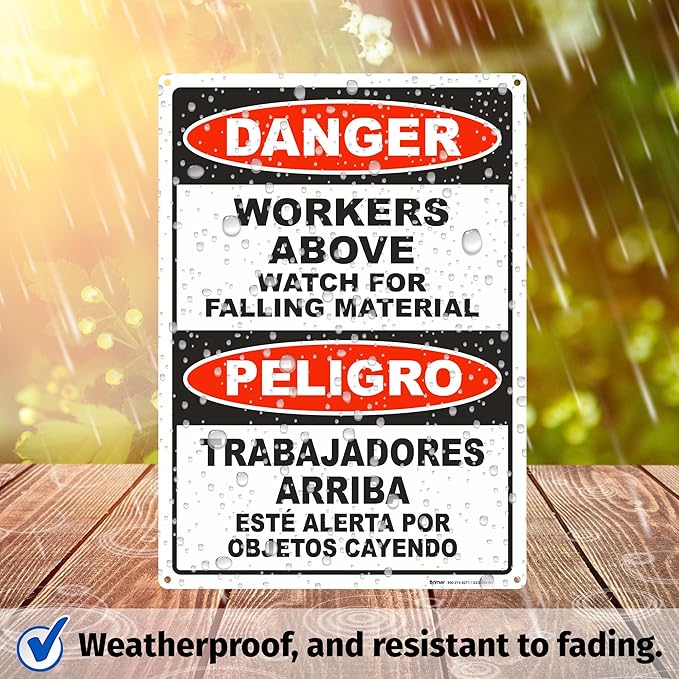 Brimar - 10" x 14" - Bilingual Workers Above Watch For Falling Material Sign - .055″ Polyethylene Plastic - Bold Text And Symbol - Easy Installation