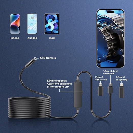 Endoscope Camera with Light, 1920P HD Borescope Camera with 8 Adjustable LED, 16.4FT Semi-Rigid Snake, IP67 Waterproof 8mm Inspection for iOS and Android (Single-Lens)