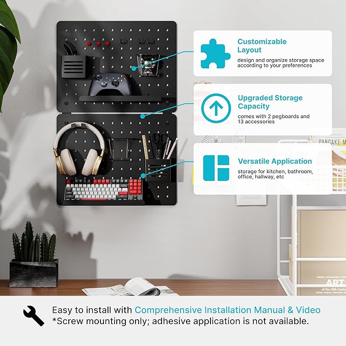 PEGZONE Pegboard Wall Organizer Combination Kit, Overall 25.4"x16.6" Metal Office Pegboard with 13 Accessories, Wall Mounted Peg board Display Panels for Home, Gaming Room, Garage (2Pcs, Medium,Black)