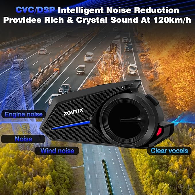 ZOVTIX Motorcycle Helmet Headset Support 8 Riders Group Intercom Communication System Speakers with Music Sharing/HiFi Sound/3 EQ Music Modes/Noise Cancellation/IP67/FM Radio/Wake up Siri - 1 Pack