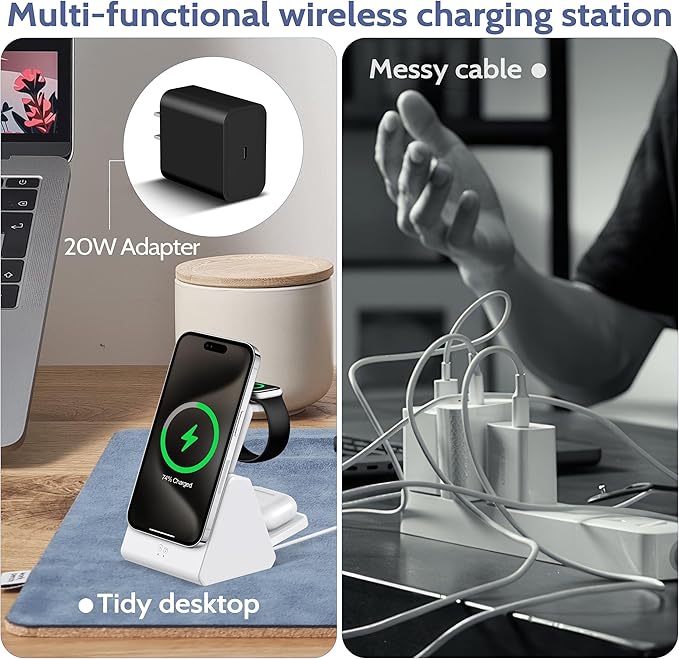 Smtcsl 3-in-1 Wireless Charging Station: Portable 5000mAh Power Bank Charger Compatible for Phone Air/17/16/15/14/13/12 Series and Watch - Detachable Magnetic Charging Stand White
