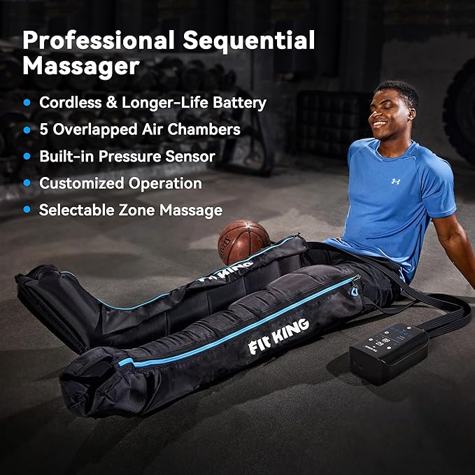 FIT KING Cordless Recovery System, Professional Air Compression Massager, Reduces Muscle Pain and Improves Circulation, Warm-up and Fast Recovery for Athletes, Customized Zone Massage Optional (Large)