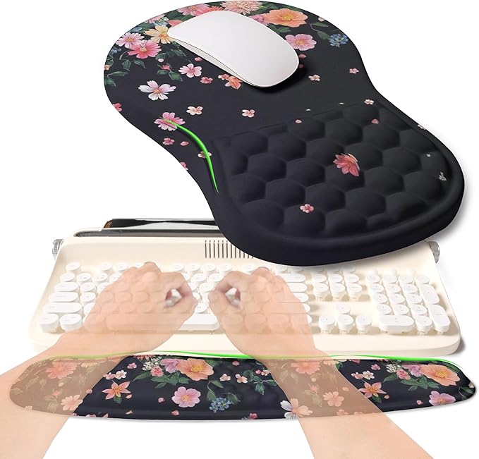 KUOSGM 2-in-1 Ergonomic Set, Wave Rise Keyboard Wrist Rest and Massage Bulge Slope Mouse Pad Wrist Support, Cushion Memory Foam Integrated to Relieve Wrist Pain, Flower Dance