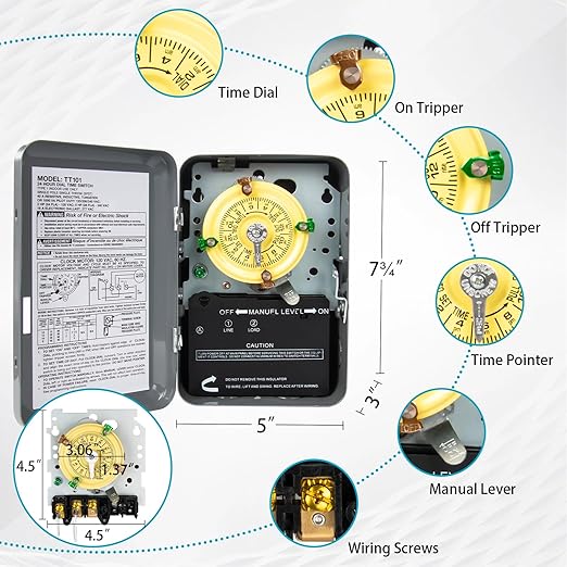 T101 Mechanical Timer Switch, 120V 40A SPST, 2HP for Outdoor Light Timer, Water Heater, HVAC & Pool Pump – 12 ON/Off Cycles, Manual Override, Trippers Included – Ideal for All Uses