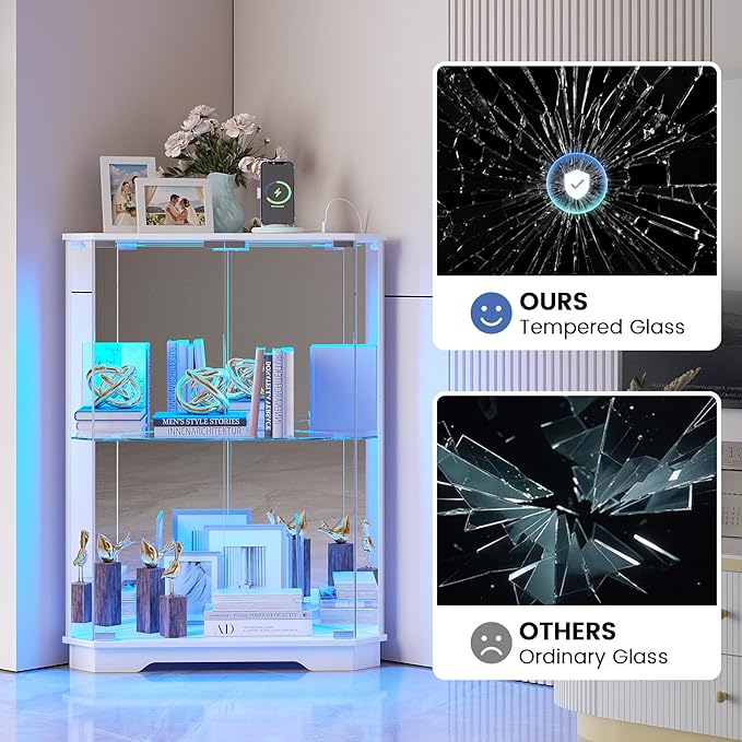 Dystler Corner Display Cabinet Set of 2 with Glass Doors, Small Display Case with 3-Color LED Lights and Charging Station, 2-Tier Curio Cabinet with Storage and Shelf, White