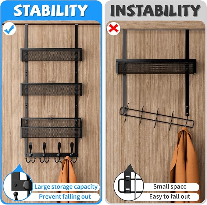 Kaiferty Over The Door Hooks Organizer, Coat Rack Over The Door Storage Hanger Towel Rack, Back of Door Storage Organizer for Bathroom,Bedroom,Kitchen,Office (Black, 4-Tier)