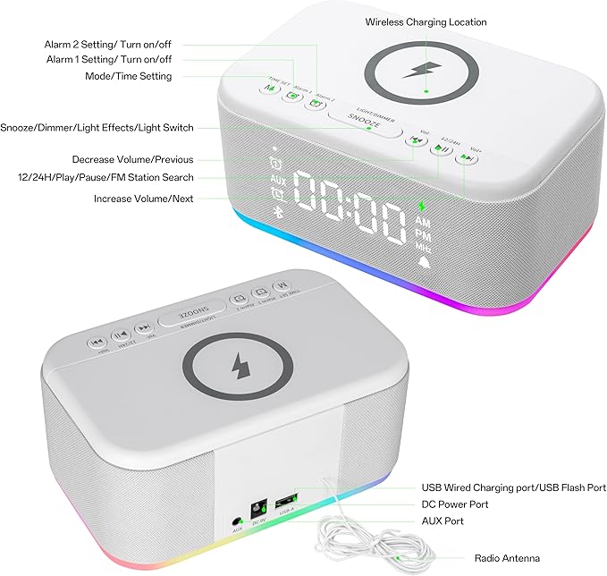 Bluetooth Alarm Clock Radio Bedroom, Digital Dual Alarm Clock Bedroom, Up to 10 Alarms Clock Night Light Speaker App/Button Control FM Charge Snooze Adjustable Brightness Dim 12/24H, White
