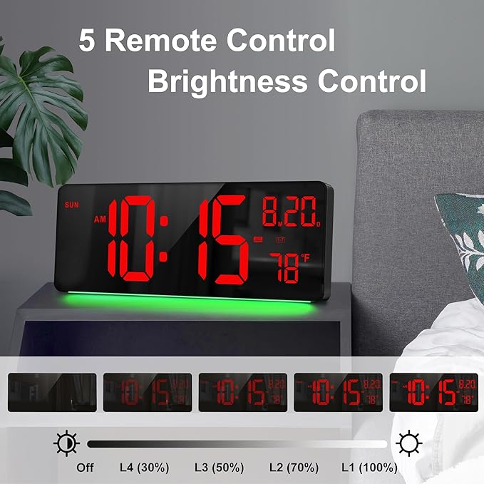 XREXS 16.5" Digital Clock Large Display with Remote Control 7 Color Changes Night Lights LED Wall Clock, Adjustable Dimmer, Temperature Clock for Bedroom, Desk Alarm Clock Gift for Teens Elderly