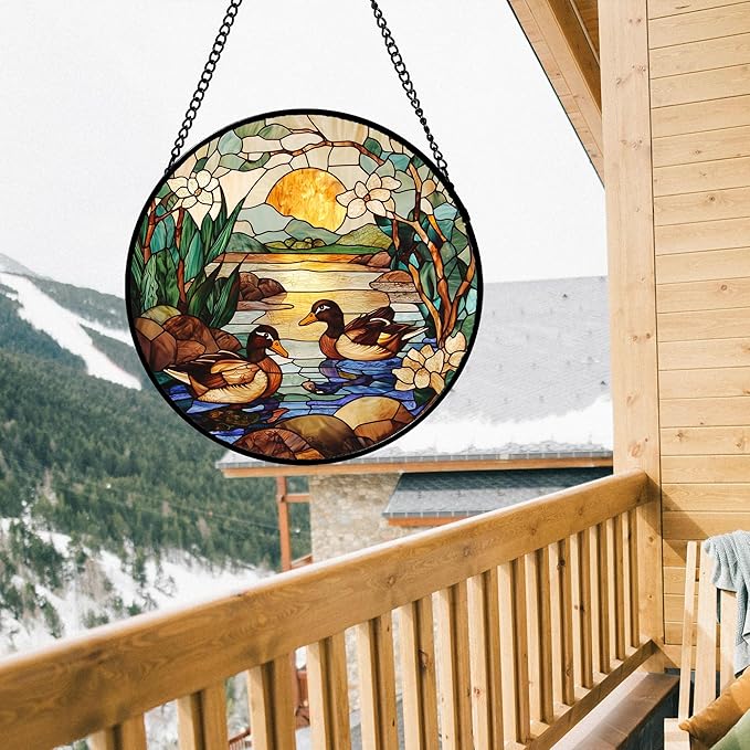AMDERVEN Stained Glass Window Hanging, Ducks in The Pond Sun Catcher for Door Home Decor Landscape Plant Suncatcher Christmas Mother's Day Birthday Gifts for Women Men Mom Nana 9.8 in