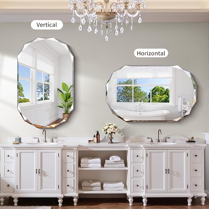 GLASHOM Beveled Edge Frameless Bathroom Mirror, Oval Wall Mirror for Over Sink, 28" x 48" Modern Decorative Vanity Mirror for Bedroom, Living Room, Entryway, Hanging Mirror Horizontal or Vertical