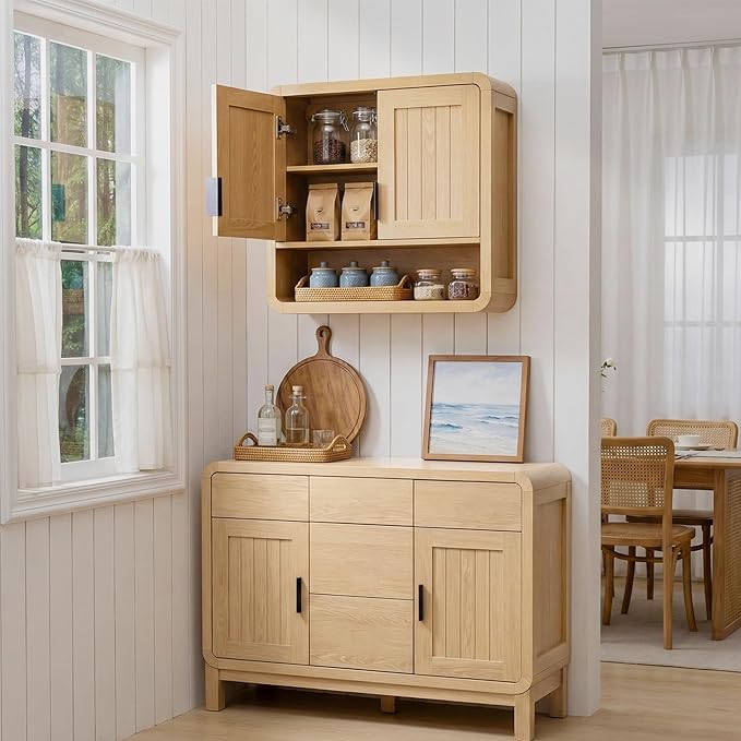 Modern Farmhouse Bathroom Wall Cabinet, Oak Finish Medicine Cabinet with Soft-Close Doors, Wall Mounted Storage Organizer with Rounded Edges for Kitchen, Laundry Room, Entryway