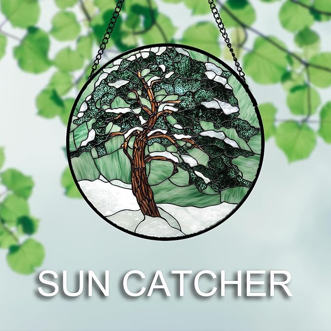 AMDERVEN Stained Glass Window Hanging 4 Pcs Set Forest Green Trees Winter Snow 7.8" - Suncatcher Door Garden Sun Catcher Home Decor Birthday Mother's Day for Woman Nana Mom Men