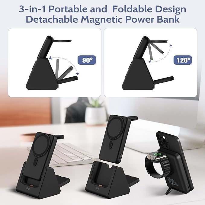 Smtcsl 3-in-1 Wireless Charging Station: Portable 5000mAh Power Bank Charger Compatible for Phone Air/17/16/15/14/13/12 Series and Watch - Detachable Magnetic Charging Stand Black