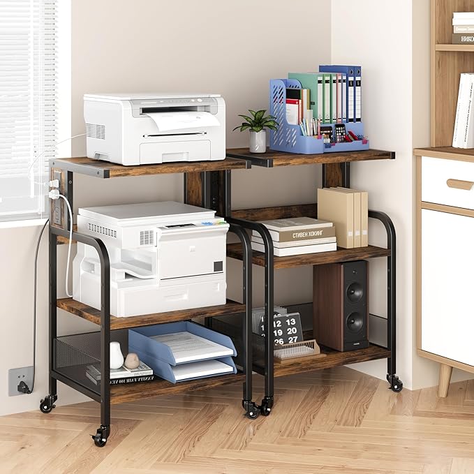 Garvee 3-Tier Large Printer Stand with Power Outlets & USB Port, Industrial Rolling Printer Cart with Heavy Duty Metal Frame & Adjustable Shelf & Storage & Lockable Wheels for Home Office, Retro Brown