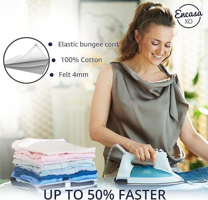 Encasa XO Ironing Board Cover and Pad 49"x18" - 4mm Felt Wide Iron Board Cover with Padding - Heat Resistant, Stain-Safe Dye, Non Slip Elastic Bungee Cord Tightening Iron Table Cover White