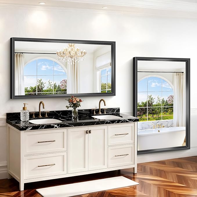 Large Bathroom Mirror, 60 x 36 Inch Rectangular Wall Mirror 0.6" Thickened Deep Frame, Brushed Black Mirrors for Bathroom Sink, Shatterproof Tempered Glass, Antirust, Horizontally or Vertically