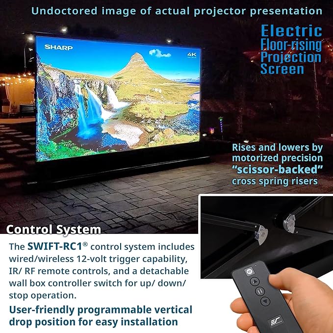 Elite Screens Kestrel Tab-Tension 3 CineWhite, 135 inch 16:9 Aspect Ratio, ISF Certified, Electric Floor-Rising Motorized Tab-Tensioned Front Projector Screen, Programmed Remote Kit, FTE135H3