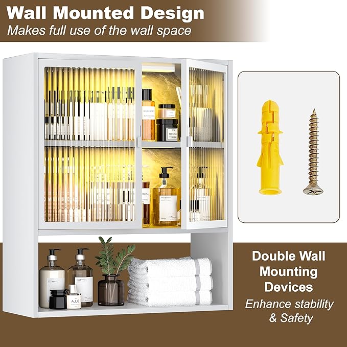 Wall Mounted Bathroom Cabinet with Glass Doors, Metal Over Toilet Storage Cabinets with Open Shelves, Medicine Cabinets for Bathroom, Living Room, Bedroom, White